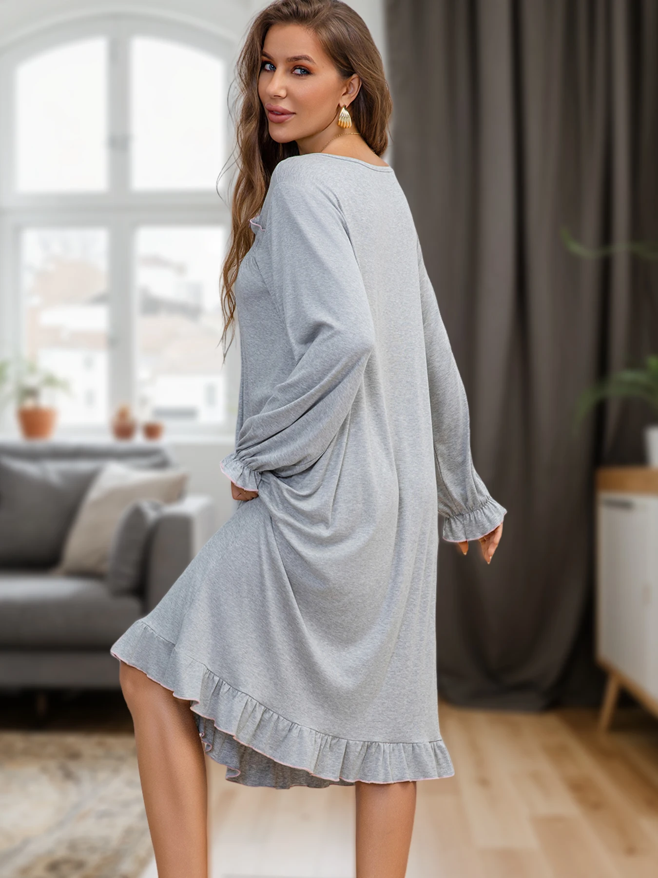 

Women's Plus Size Long-Sleeve Nightgown Breathable Fabric Crew Neck Bow Decor Dress Loose Spring Sleepwear Homewear Pajamas Pjs