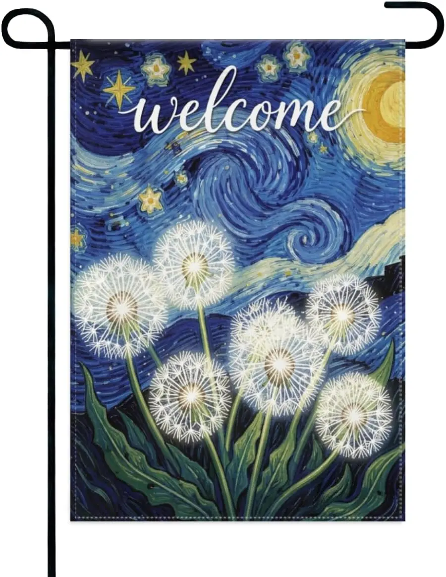 Dandelion Welcome Garden Flag 12x18 Inch Double Sided – Starry Night Floral Art Outdoor Yard Decoration for Porch, Lawn &amp yyi
