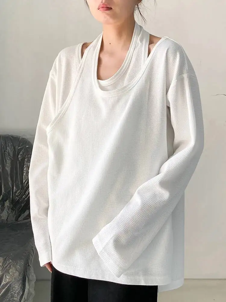 White False Women Irregular Two Big Size Casual T-shirt New Round Neck Long Sleeve Fashion Spring Autumn 2026 1DFCPMR
