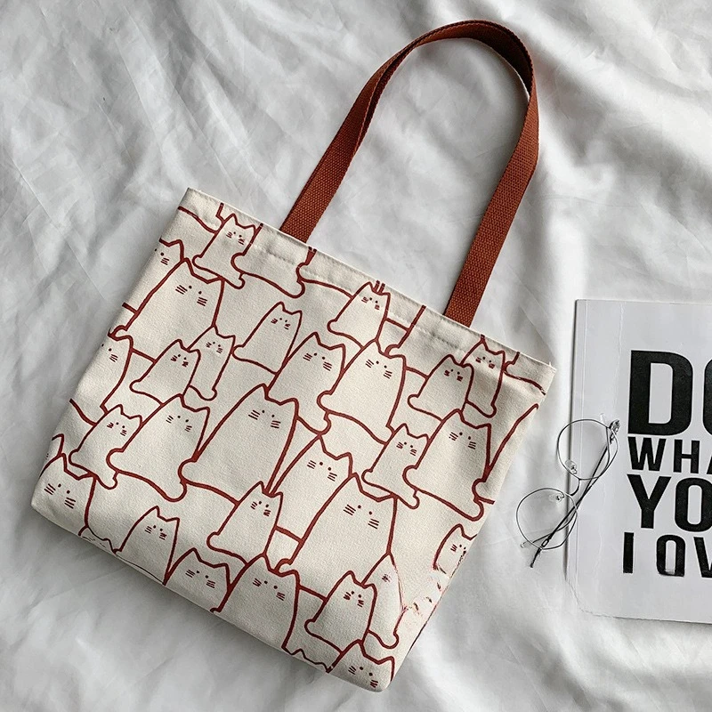 

Canvas Handbag for Women Fashion Cute Cat Tote Messenger Bags with Zipper Women Bag Ladies Cartoon Shoulder Shopper Bags