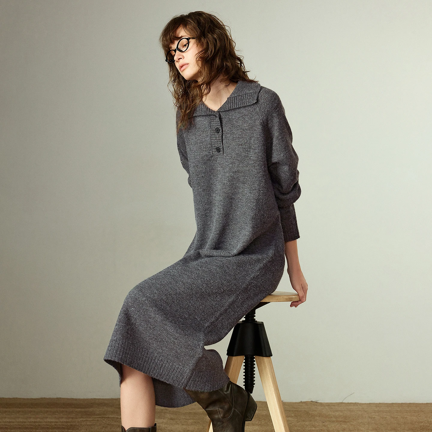 TOYOUTH Women Sweater Dress side profile demonstrating dropped shoulder construction and mid-calf length