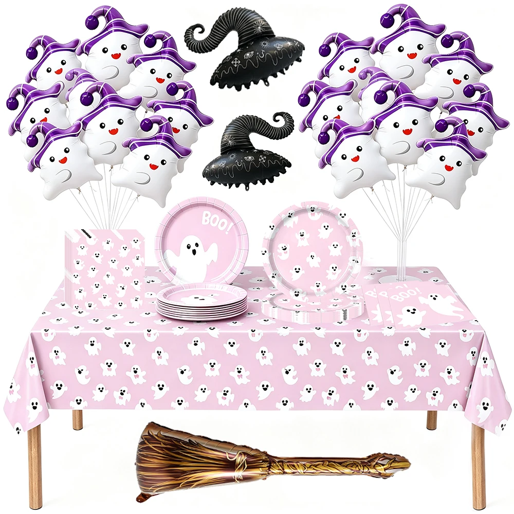 Pink Ghost Halloween Party Supplies Cute Ghost Paper Plates Napkins Tablecloth Foil Balloons Halloween Boo Birthday Party Decor