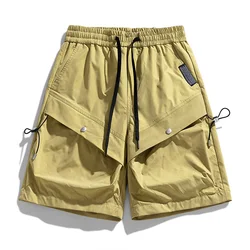 Short cargo élastique à lacets pour hommes, poches épissées, vêtements décontractés solides, mode coréenne, été, nouveau, 2024