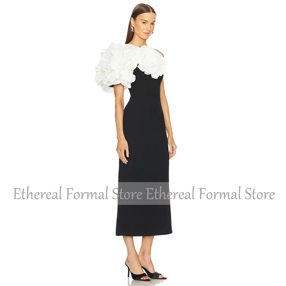 Elegant Black One Shoulder Women's Evening Gown Ruffles A Line Evening Dress Simple Tea Length Formal Slit Party Dress 2025