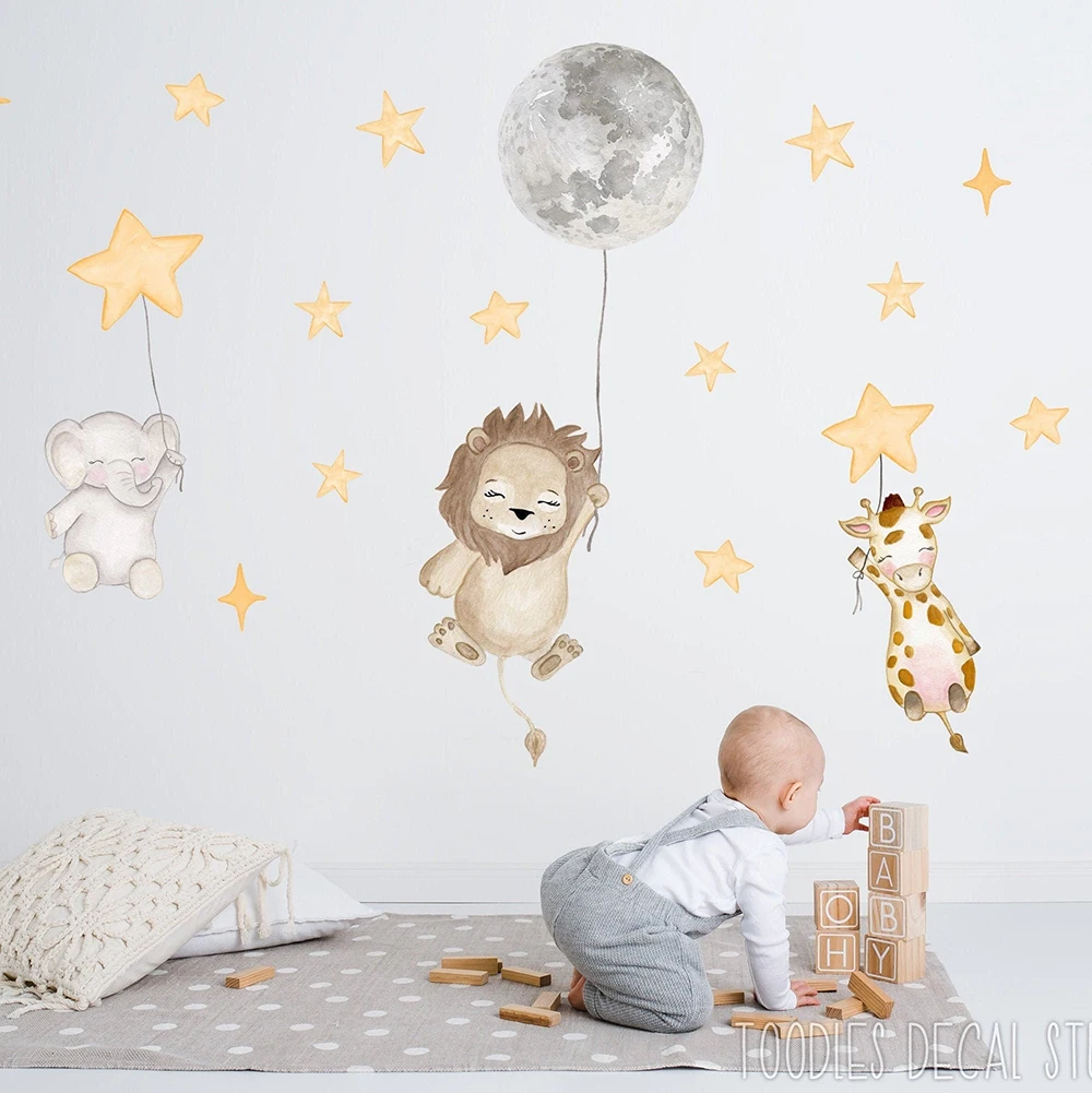 Watercolor Safari Animal Air Balloon Star Wall Sticker Baby Shower Bear Deer Elephant Wall Decal Bedroom Playroom Decor