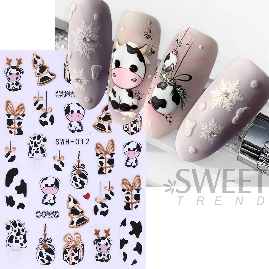 3D Gold Glitter Christmas Cow Nail Stickers Valentine's Day Cartoon Red Lantern Character Candy Cane Fireworks Doll Winter Tips