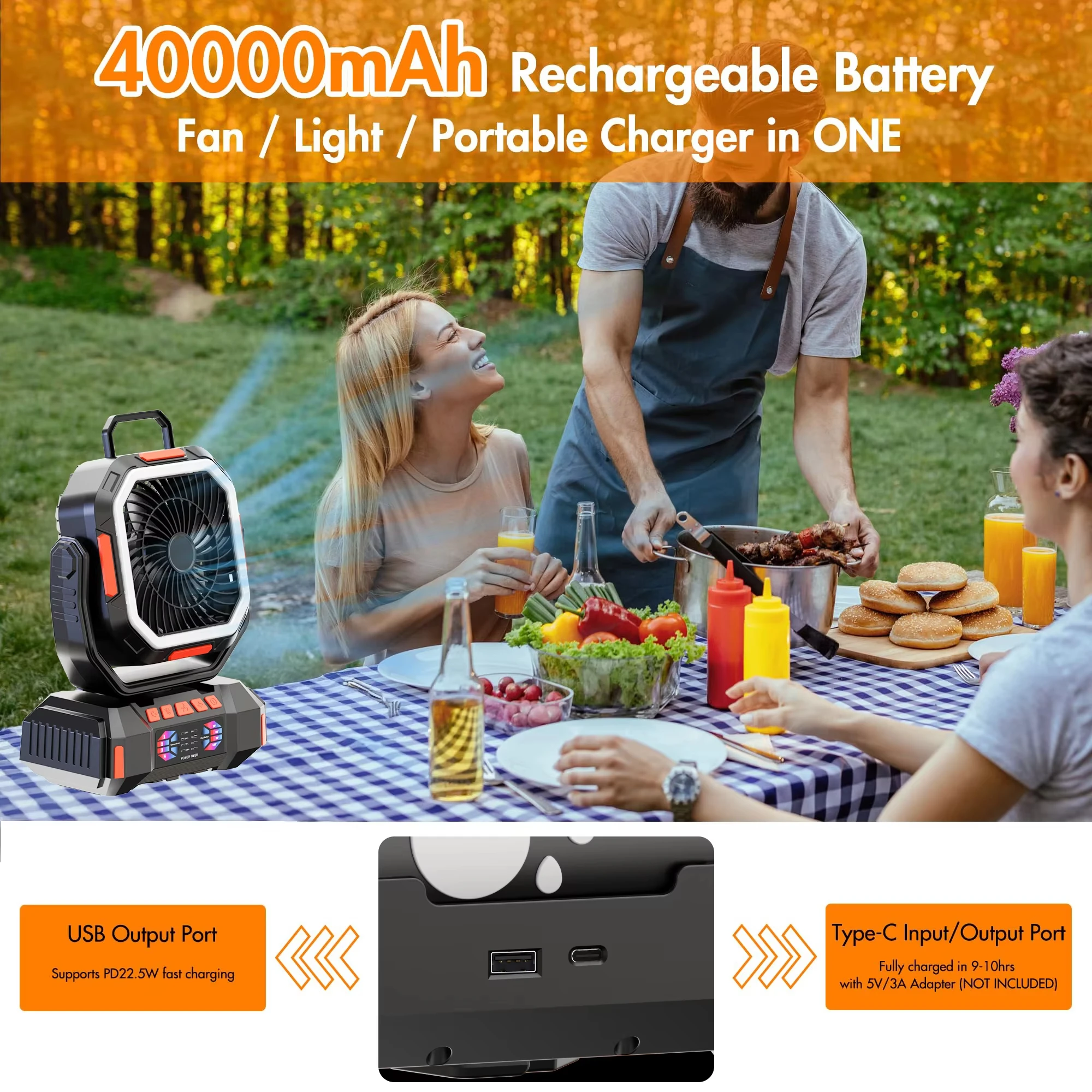 40000mAh Ventilador de acampamento Bateria recarregável Ventilador portátil ao ar livre Tenda sem fio Ventilador de teto Circuladores de ar com gancho e luz LED