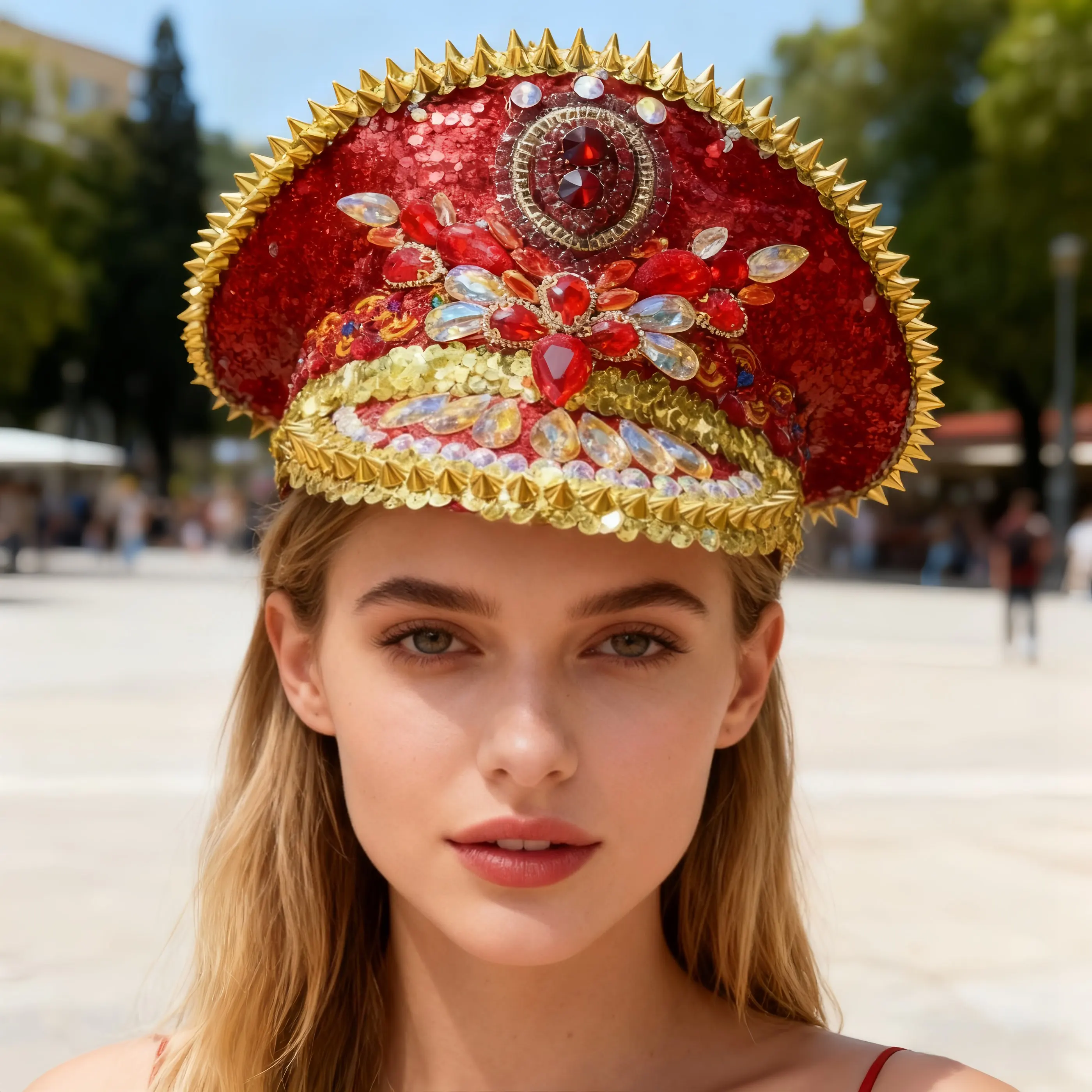 HongLuan Glitter Red Steampunk Captain Hat Rhinestone for Burning Man Festival Woman, Military Accessories & Military Caps