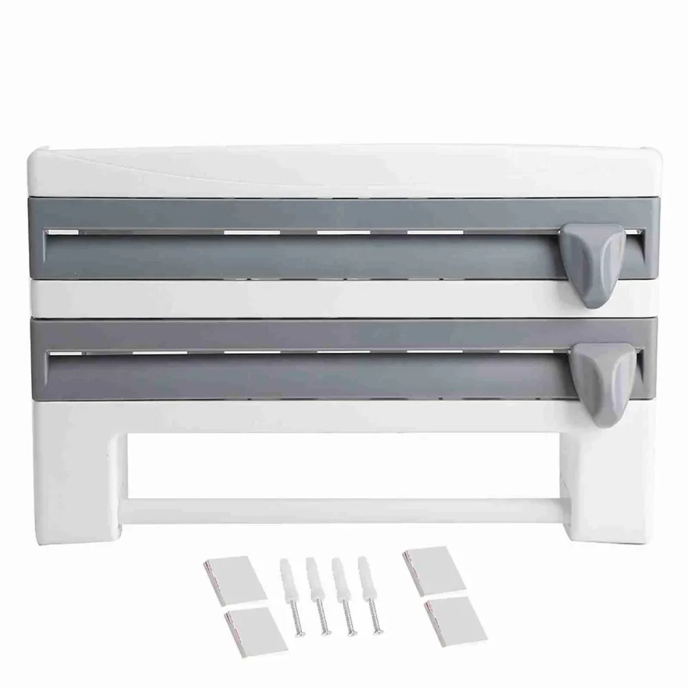 Kitchen Sauce Bottle Storage Rack Paper Towel Holder Mount Kitchen Tool Cling Film Cut Grey