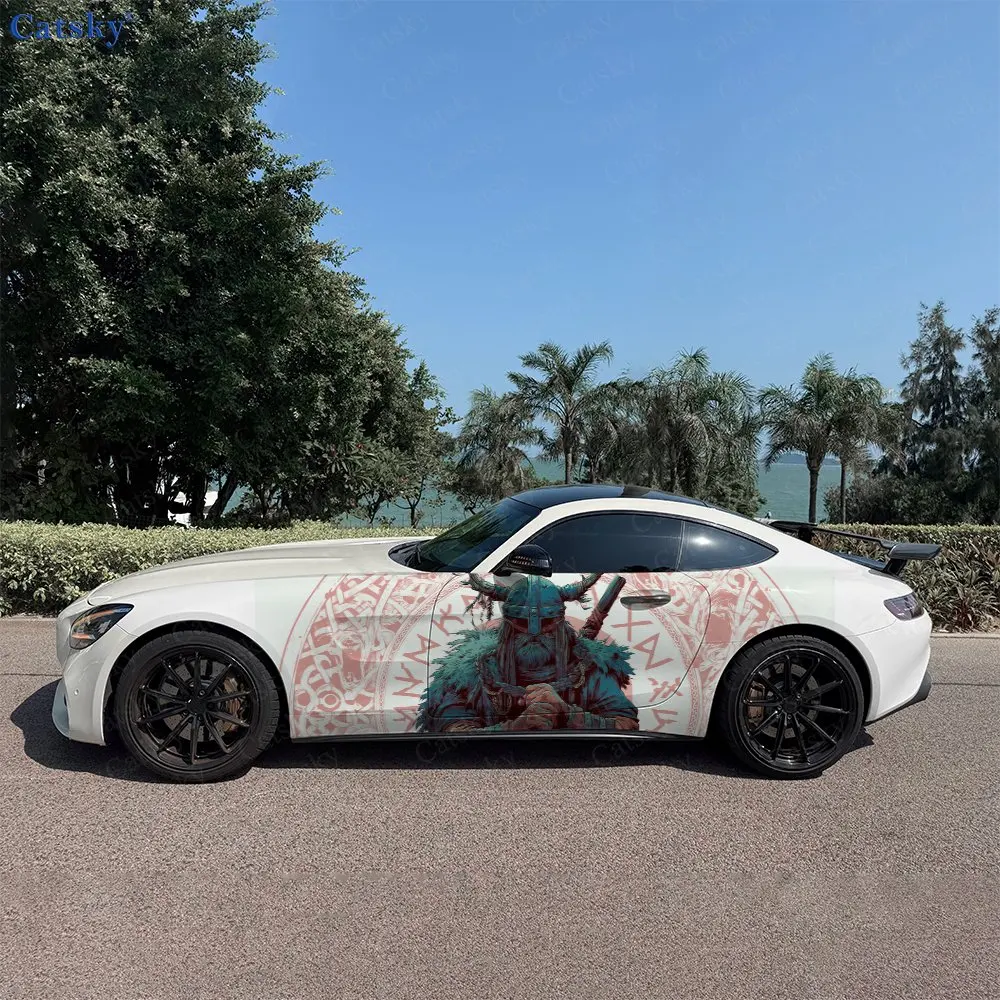 2pcs Vintage Runic Viking Warrior Car Side Wraps, Self-Adhesive PVC Waterproof & Scratch-Resistant Stickers, Car Accessory Gift