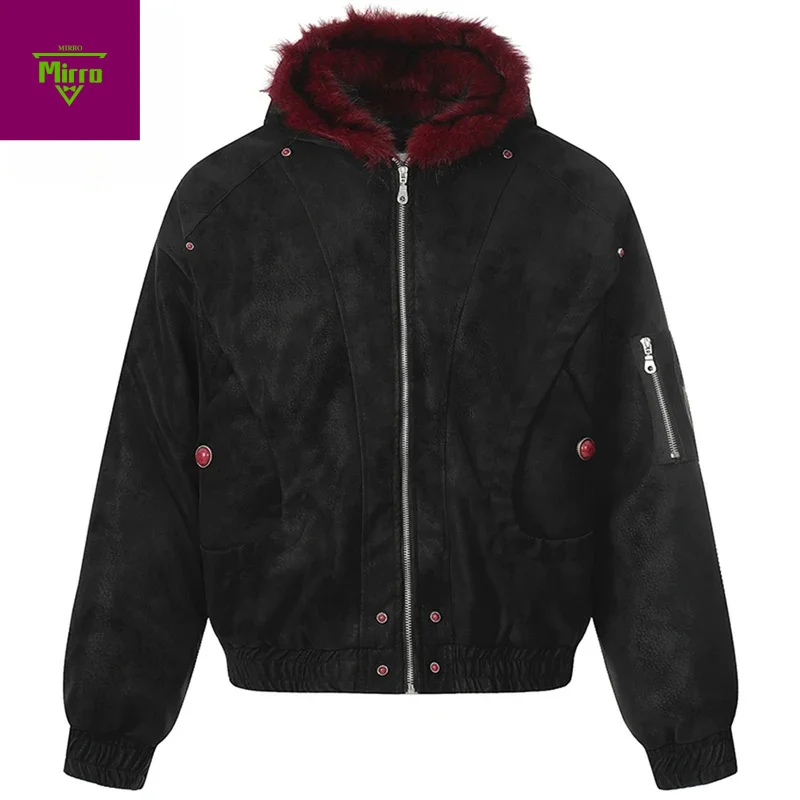 

【Mirrordust】Men Winter Jackets Fur Collar Thicken Warm Parkas Coats Vintage Leather Padded Jackets Casual Loose Jackets Outwear