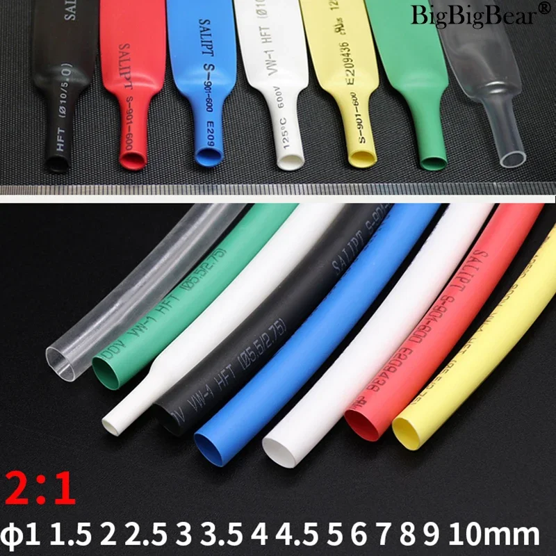 

5 Meters Diameter 1 1.5 2 2.5 3 3.5 4 4.5 5 6 7 8 9 10mm Heat Shrink Tube 2:1 Shrink Ratio Polyolefin Insulated Cable Sleeve