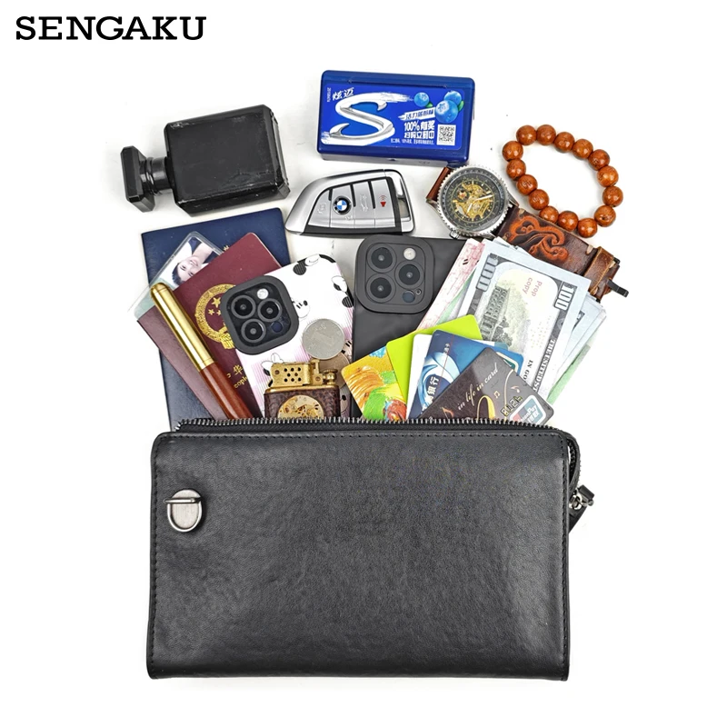 Casual Genuine Leather Clutch Wallet Lock Hook Handbag For Men Business Card Holder Long Wallet Clutch Bag Male Purse