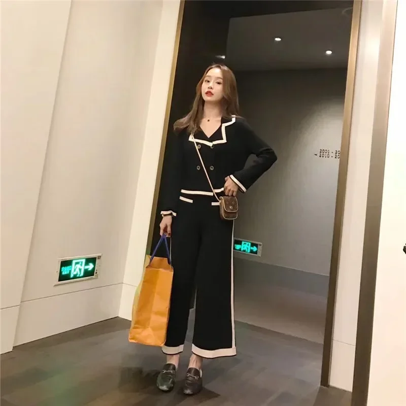 

Korean Casual Knit Two Piece Set Women Long Sleeve V Neck Cardigan Elastic Waist Elegant Winter OL Sweater Long Suit Pants Y2k
