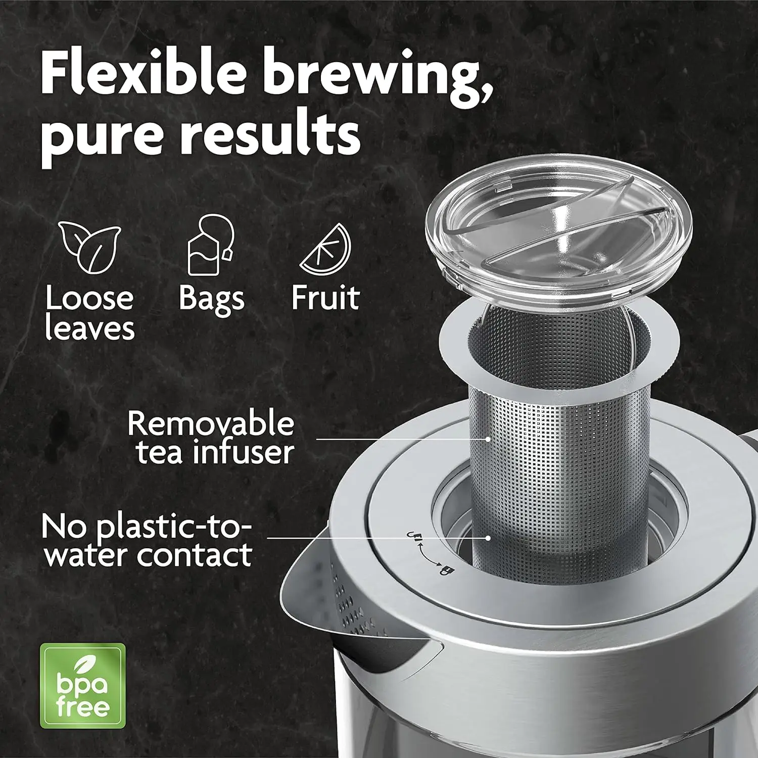 Glass electric kettle with tea infuser and temperature control. For your favorite tea and coffee brewing program