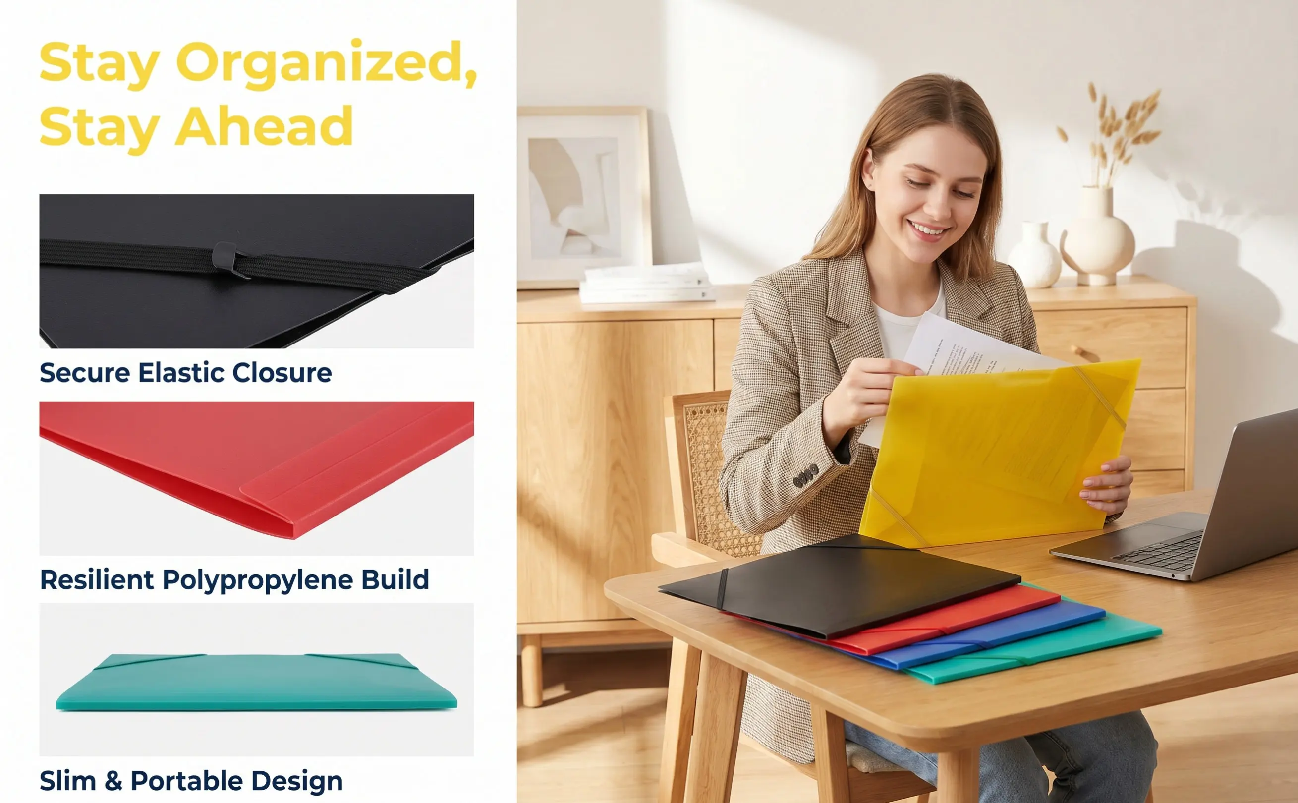 5Pcs Elastic Band Document Folder A4 Plastic File Organizer Tear-Resistant Folding Portable Compact Travel School Office