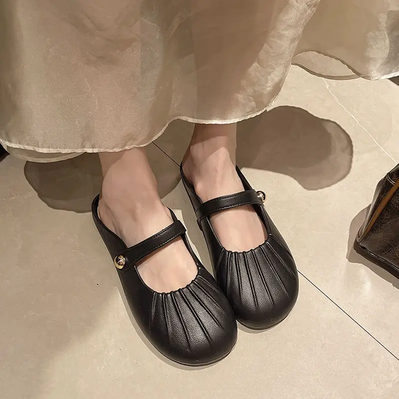 New French Mary Jane pleated women's single shoes casual versatile style small beads on the side without heel half slippers