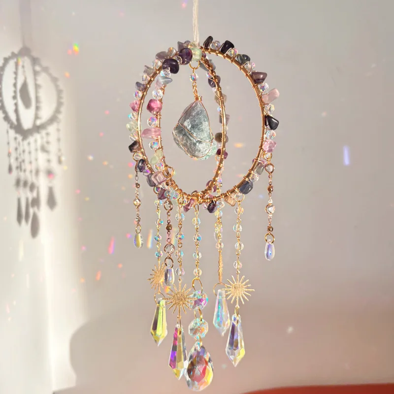 Natural crushed stone sun catcher raw stone wrapped spherical handicraft rainbow pendant gift powder crystal wind chime