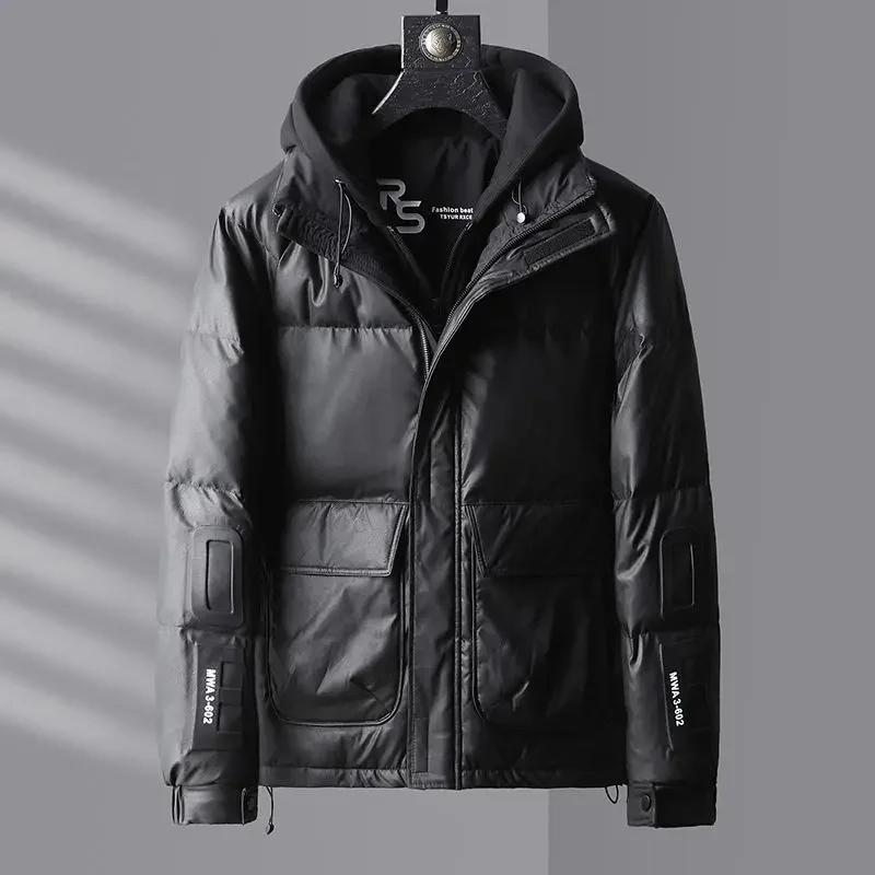 Novos homens pato branco para baixo jaqueta casaco de inverno meados de comprimento solto lazer parkas engrossar quente outwear com capuz moda casaco