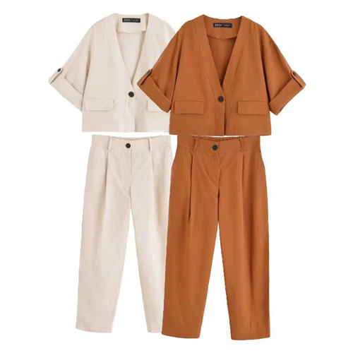 Imagen 1 del producto Conjuntos de 2 piezas de pantalones plisados para mujer, chaqueta de manga corta con cuello en V, pantalones de cintura alta, traje de mujer, trajes informales para mujer 2025