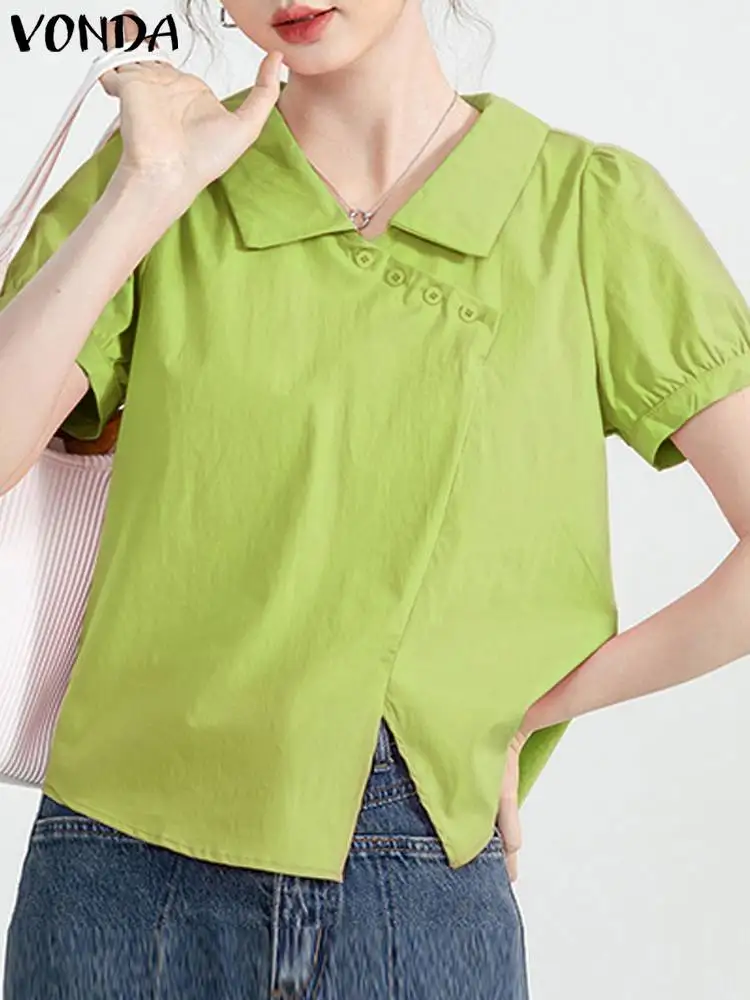 VONDA Summer Shirts 2024 Blouses Lapel Solid Color Women Short Sleeve Casual Loose Tunic Buttos Tops Fashion Blusas Femininas