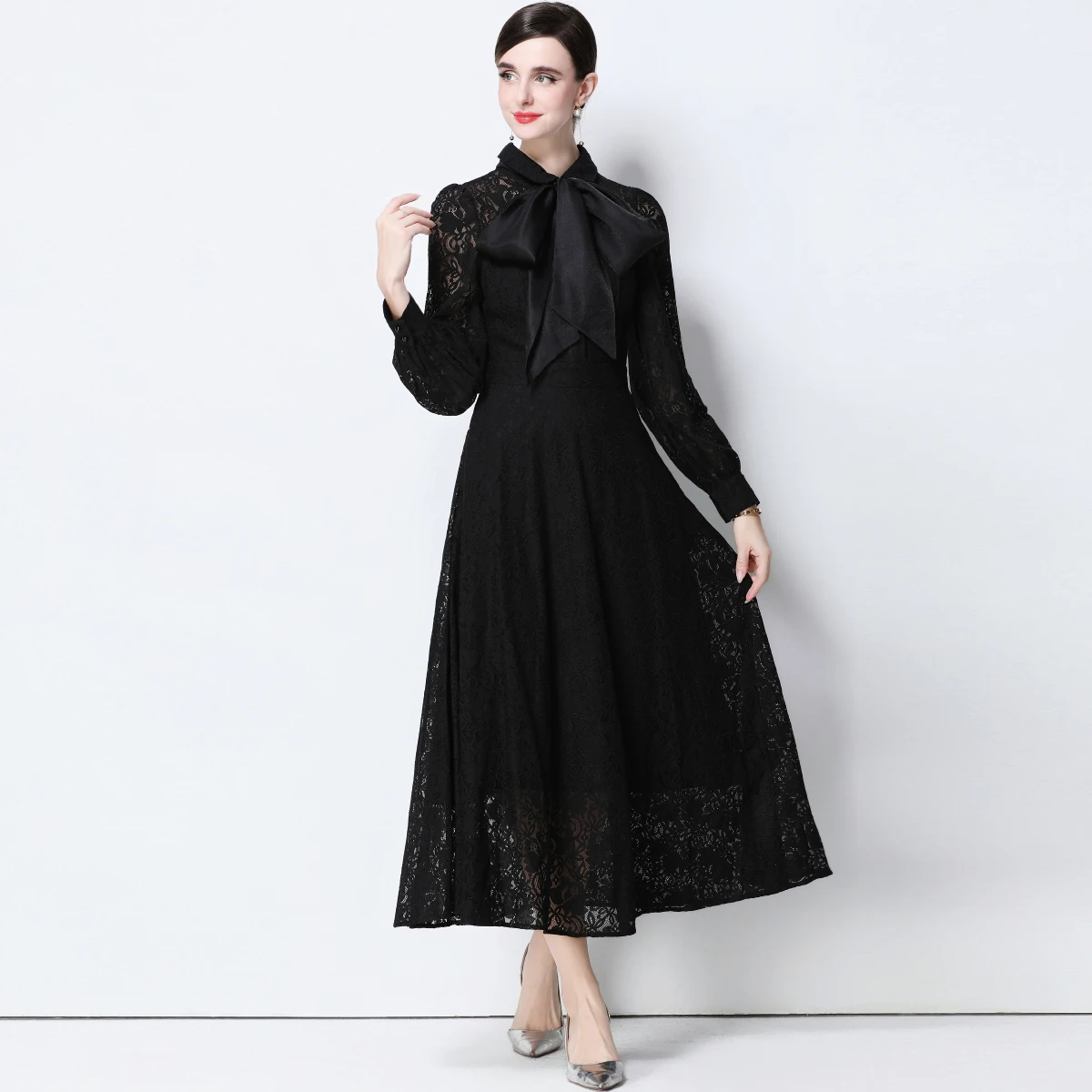 Vestido de fiesta bordado de encaje Vintage para mujer, vestido largo ajustado elegante de manga larga con cuello de lazo, ropa femenina de otoño