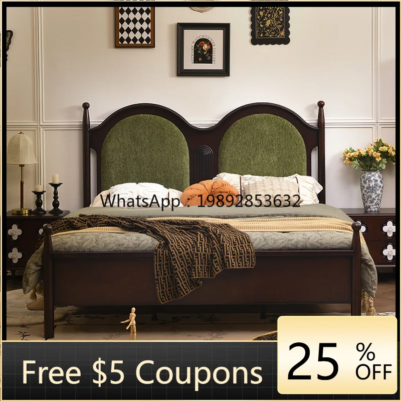 

LYY Solid Wood 1.8m Double Bed Soft Comfortable Mid-century Style Master Bedroom Large Bed French Retro Light Luxury Fabric
