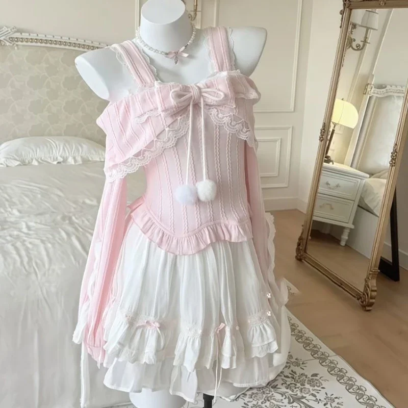 

Осень и зима, новый японский милый дизайн, винтажный кружевной топ с открытыми плечами и бантом + белая юбка-тортик, милый комплект принцессы