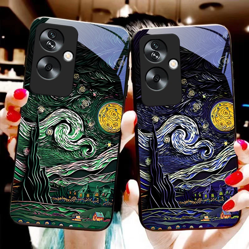 Retro oil painting For Oppo A79 5G 58 78 74 60 4G Reno 11F Realme GT 6 11 Note 50 10 C55 X2 Tempered glass black phone case