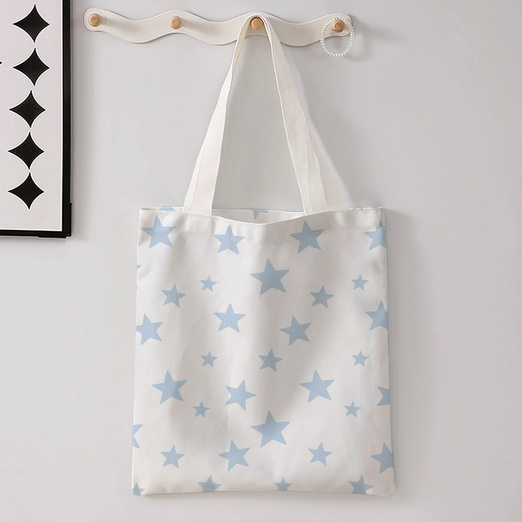Light Blue Star Print Tote Bag Large Capacity Shoulder Handbag For Shopping Travel Daily Commute