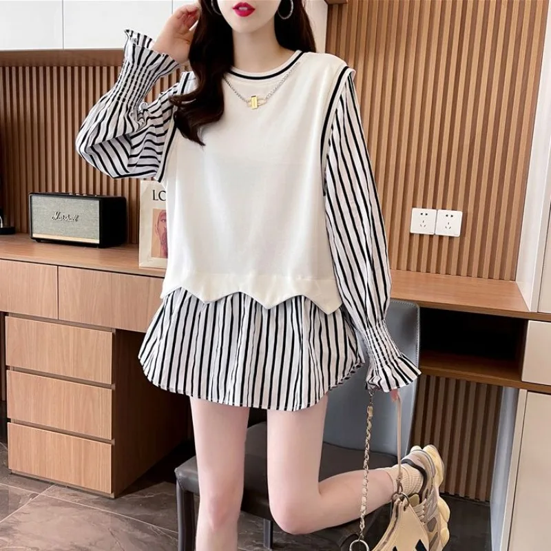 

Female Top Striped Baggy Splicing Women's Sweatshirts Spring and Autumn Pullovers Long Round Neck Loose Korean Popular Clothes M