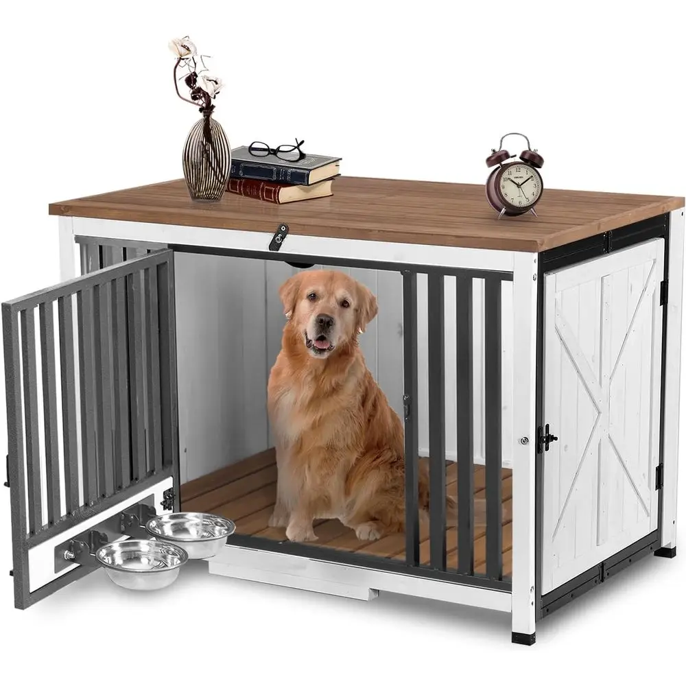

Expandable Wooden Dog Crate with 360° Swivel Bowls, Side Table, and Removable Right Door for Indoor Use
