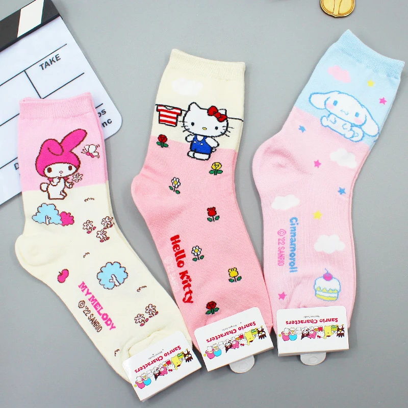 Hello Kitty Socks Kawaii Anime Kuromi Melody Cinnamoroll Color Matching Cartoon Harajuku Cute Cotton Sock Birthday Gift