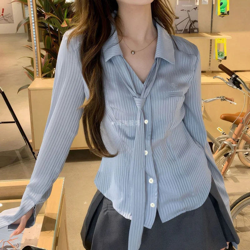

2025 New Spring and Autumn Elegant Waist-Cinching Slim Fit Fashion Striped Hot Girl Long Sleeve Shirt PG9317