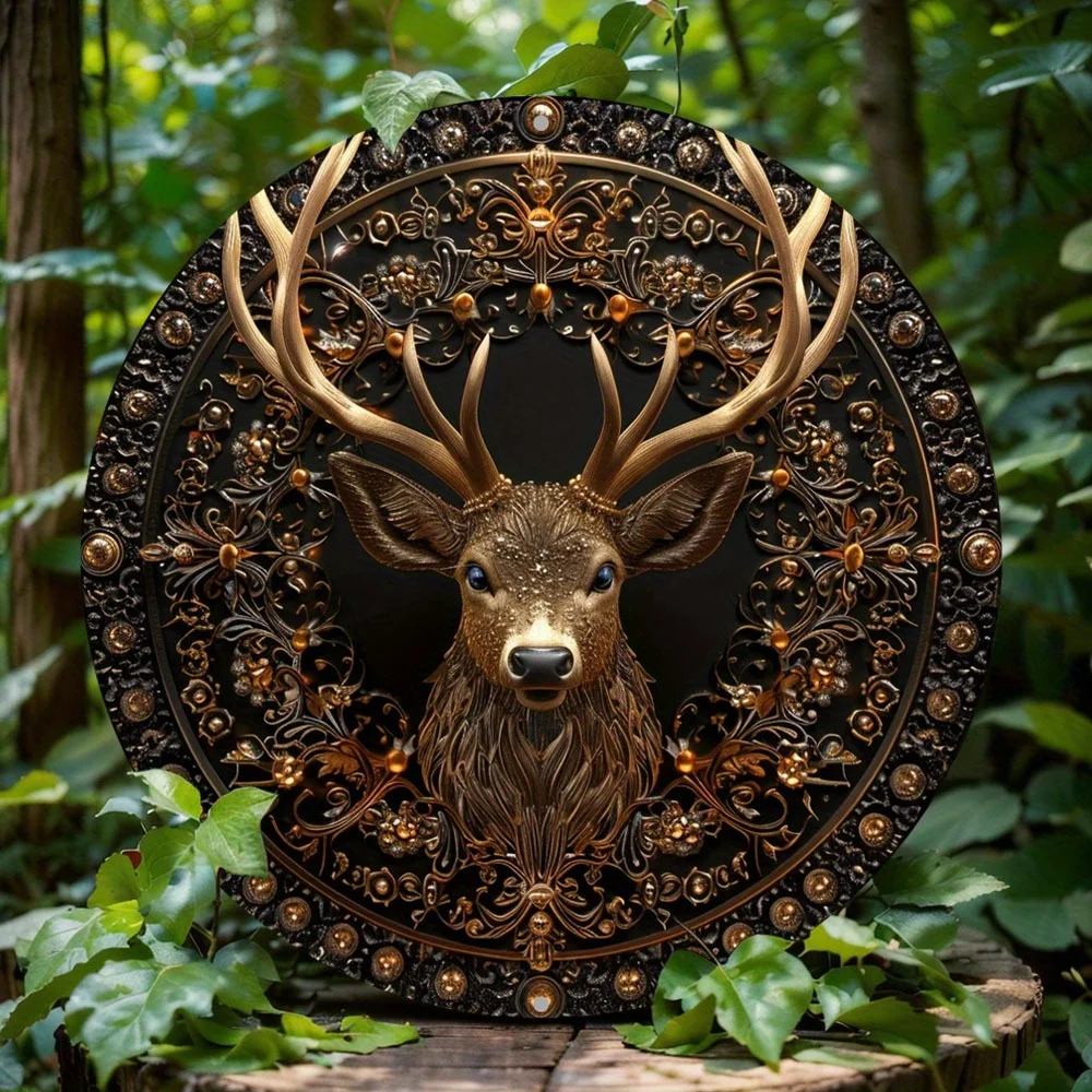 

Deer Head Wreath Sign - Round Aluminum Metal Decor with 2D Flat Print Design - Home, Wall Decoration and Decorative Gift