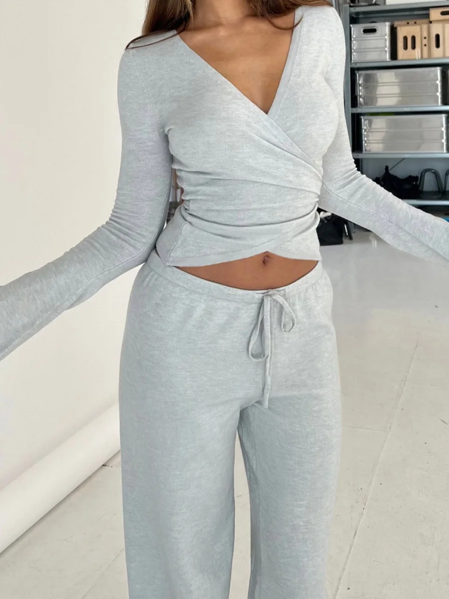 wsevypo Women 2-piece Tops Pants Sets Solid Color Long Sleeve Waist Tied Cropped T-shirt and Elastic Waist Pants Loungewear Set