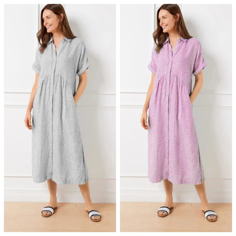 Abito camicia a righe da donna taglie forti - Abito midi in misto lino a maniche corte vestibilità ampia per l'estate