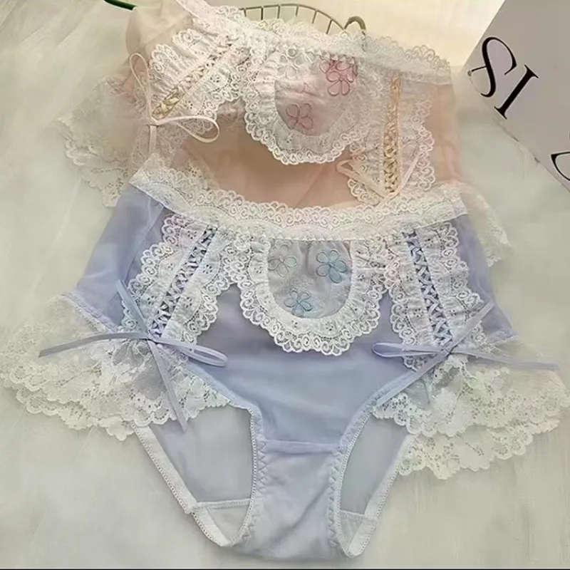 French Bow Lace Embroidered Pure Desire Underwear Women's Fattened High Waist Sexy Hollow Mesh Briefs Smooth and Soft Panties