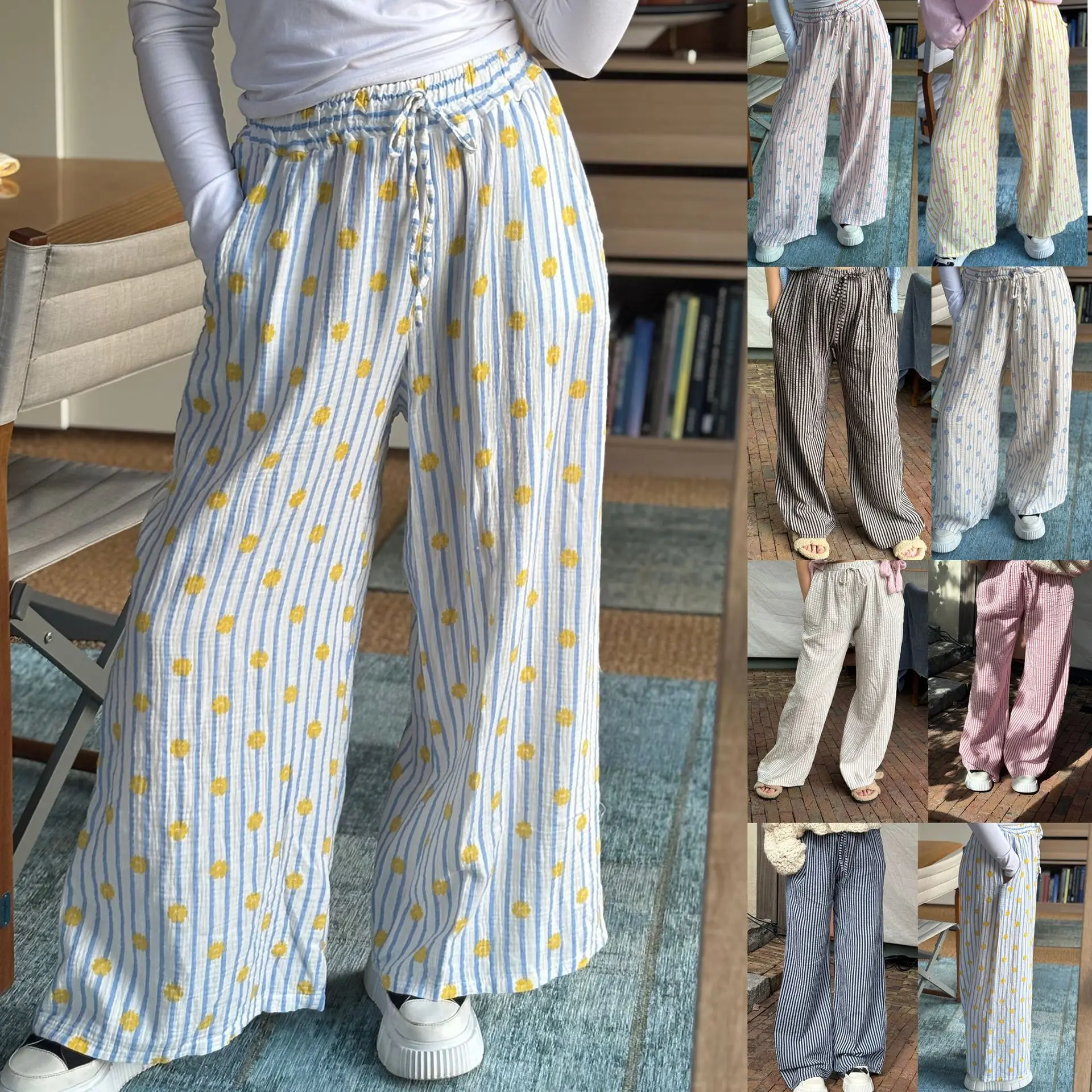 Été mince rayé imprimé femmes pantalons décontractés taille haute Dstring haute élastique Polyester tissu décontracté Sle