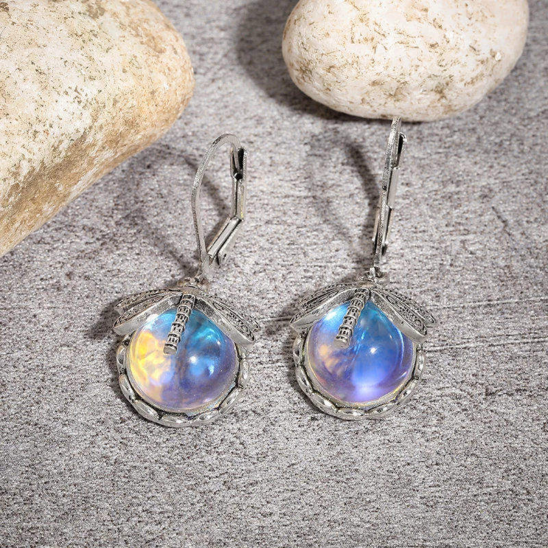 Vintage Bronze Dragonfly Earrings Fashion Gold Color Metal Carving Pattern Inlaid Multicolour Moonstone Drop Earrings for Women