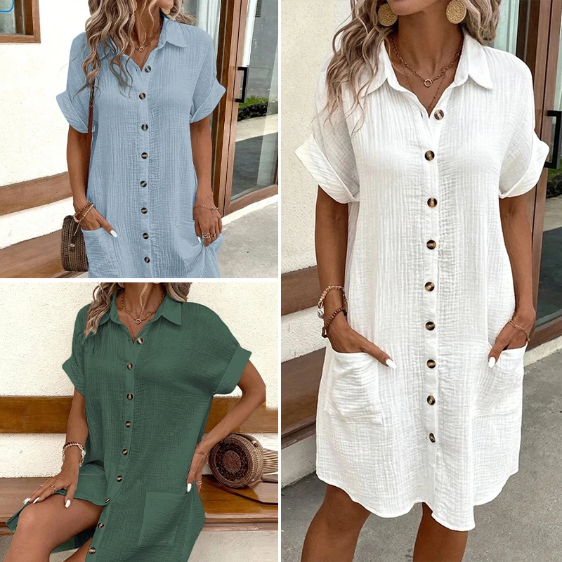 Vestidos de musselina solta 100% algodão gaze feminino manga curta botão com bolsos casual verão moda confortável vestidos brancos