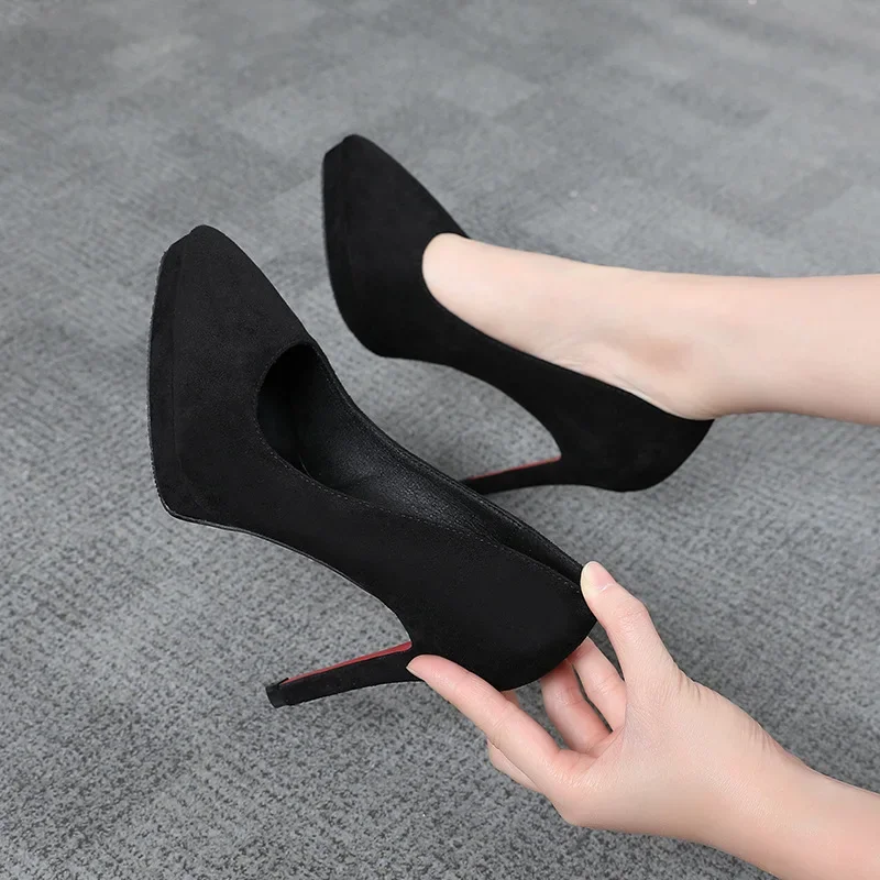 2023 Women 10cm 12cm High Heels 2cm Platform Pumps Nightclub Sude Flock Black Lady Extreme Thin Heels Red Bottom Catwalk Shoes