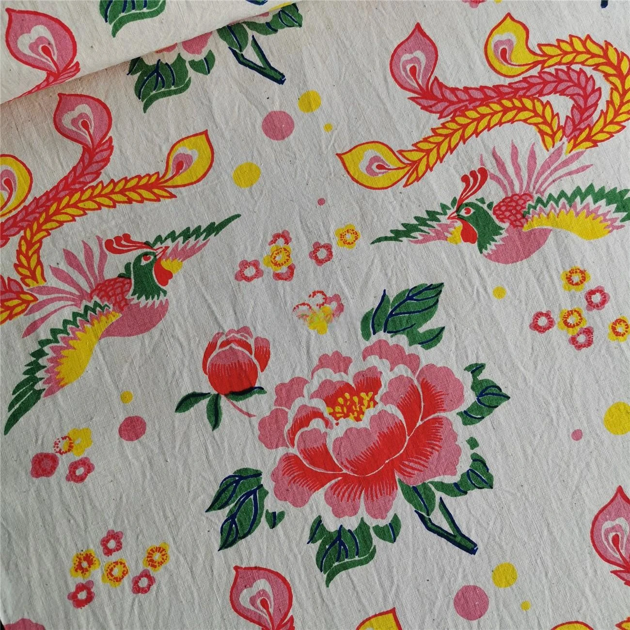 Handmade Retro Homespun Table Cloth, Hand-woven, Printing, Dyeing, Table Cloth, Patchwork Materials, Orange Phoniex, 23/159