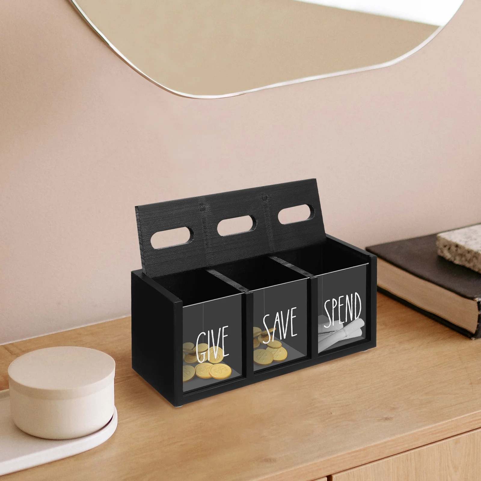 Geldbesparende kinderbox Houten geldhouder met helder zicht aan de voorkant - Bespaar plaatsen Geef ontwerp voor het onderwijzen van financiële verantwoordelijkheid