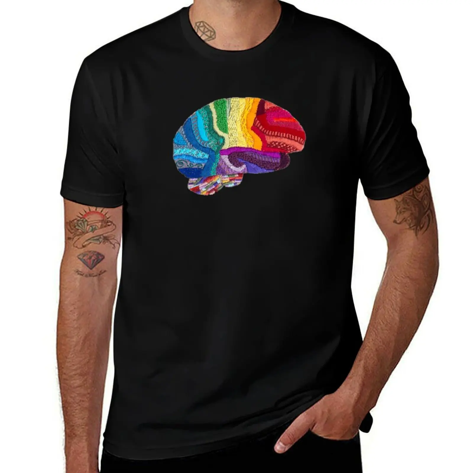 Sampler Brain - Embroidered Look - Rainbow Brain T-Shirt Heavy Duty Casual Work Tee
