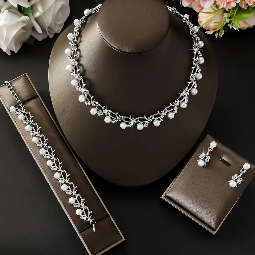 

4Pcs Vintage Necklace Earrings Bracelet Set Bohemian Style Delicate Pearl Jewelry Set Alloy Sweet Women Jewelry Suit Gift