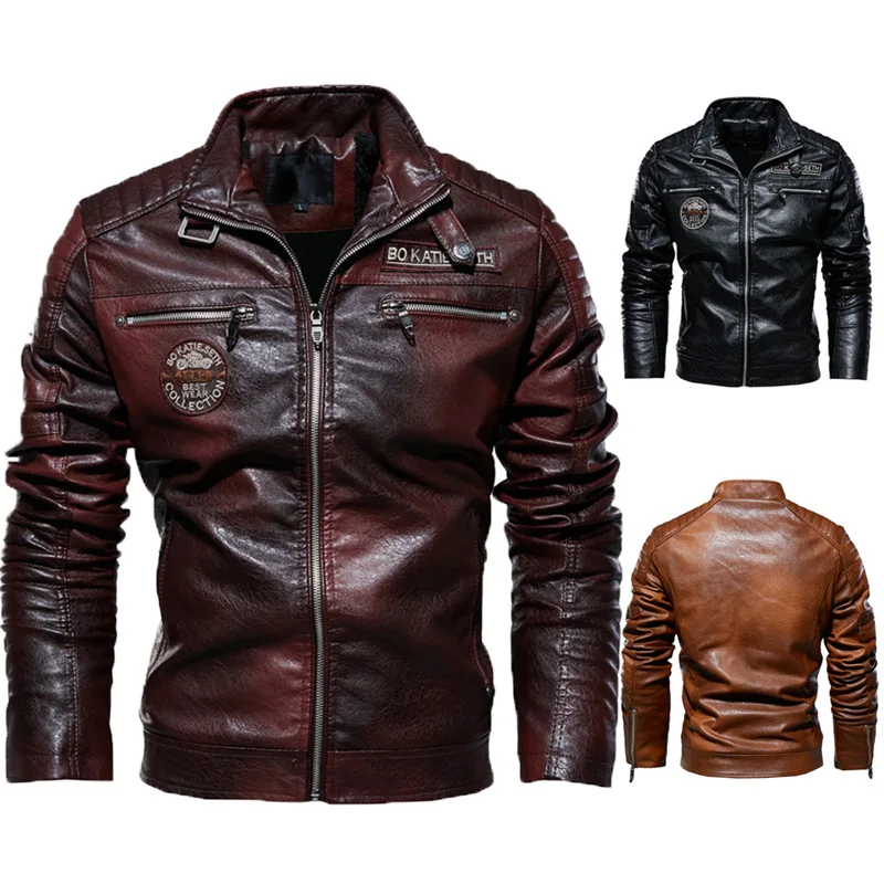 

Men's PU Leather Motorcycle Jacket, Black Sports Leather Coat, Plush, Plus Size, High Quality, Autumn and Winter