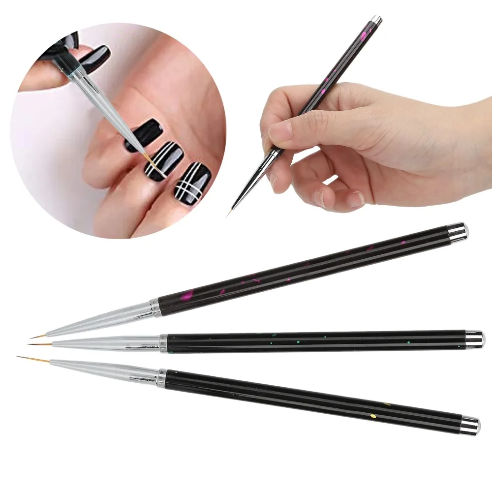 3PCS Alloy Handle Professional Nail Brushes Set Nylon Hair Black Nail Art Liner Brushes Nail Art DIY Brush Set Salon Use