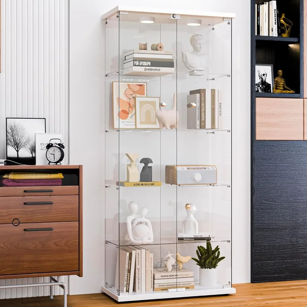 

Display Cabinet with Two LED Lights, 5mm Tempered Glass, 2 Door Floor Standing Bookshelf, 5-Shelf Display Cabinet