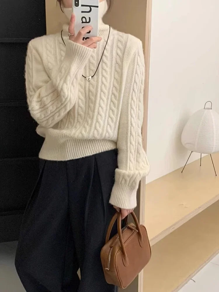 

Casual Long Sve Knitted Sweater Women's High Collar Faionable Korean Sle Warm Inner Wear Twist Yarn Top Anti-Aging